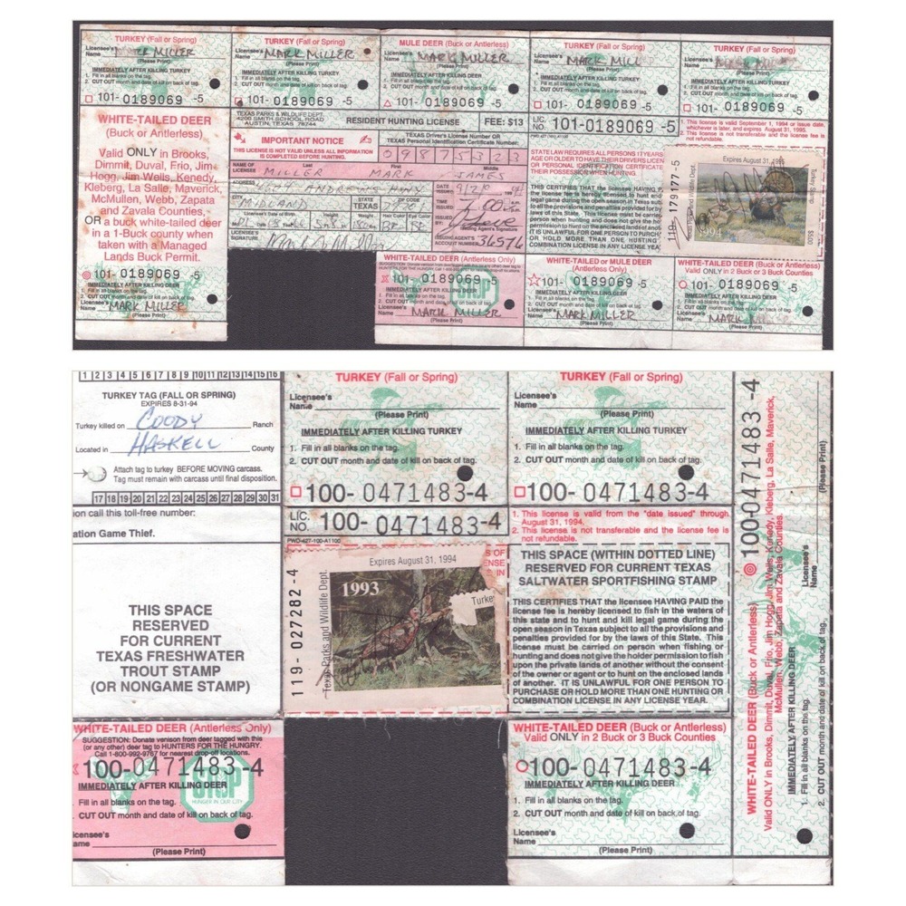 Vintage 1993-1995 Texas Hunting License Lot Turkey Deer Tags Midland TX